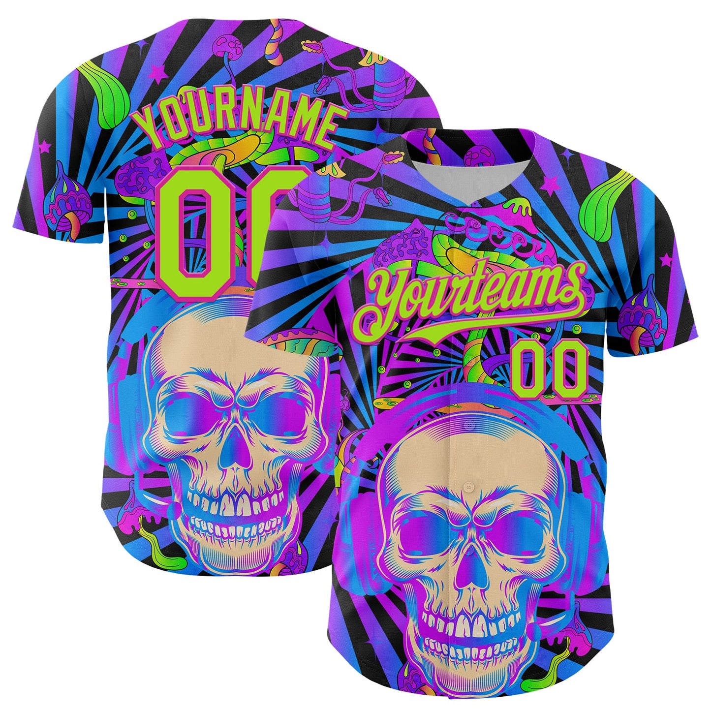 Custom Purple Neon Green-Deep Pink 3D Pattern Design Trippy Magic Mushrooms Skull Authentic Baseball Jersey - Main View