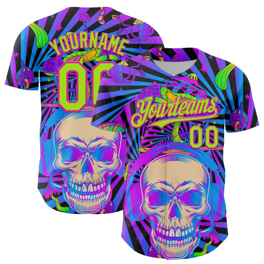 Custom Purple Neon Green-Deep Pink 3D Pattern Design Trippy Magic Mushrooms Skull Authentic Baseball Jersey - Main View