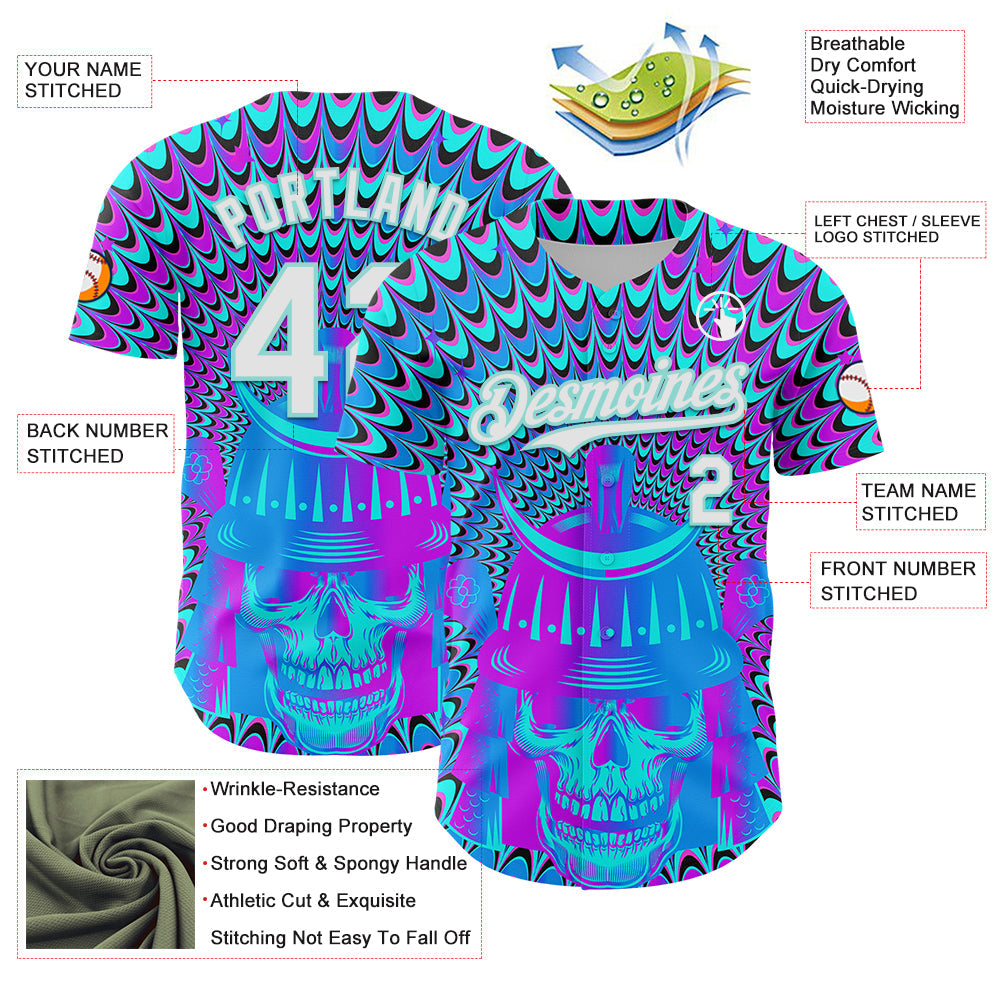 Custom Purple White-Ice Blue 3D Pattern Design Trippy Magic Mushrooms Skull Authentic Baseball Jersey view 3