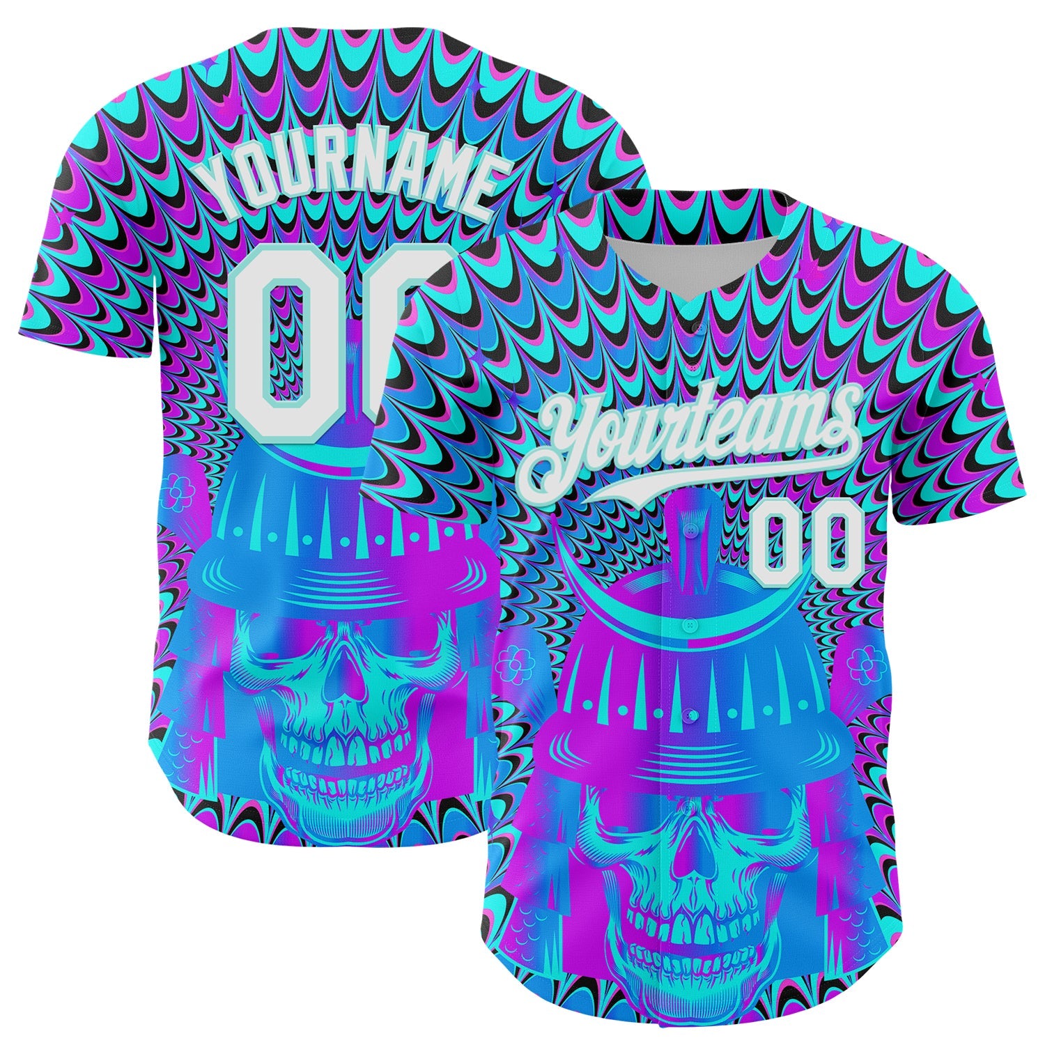 Custom Purple White-Ice Blue 3D Pattern Design Trippy Magic Mushrooms Skull Authentic Baseball Jersey - Main View