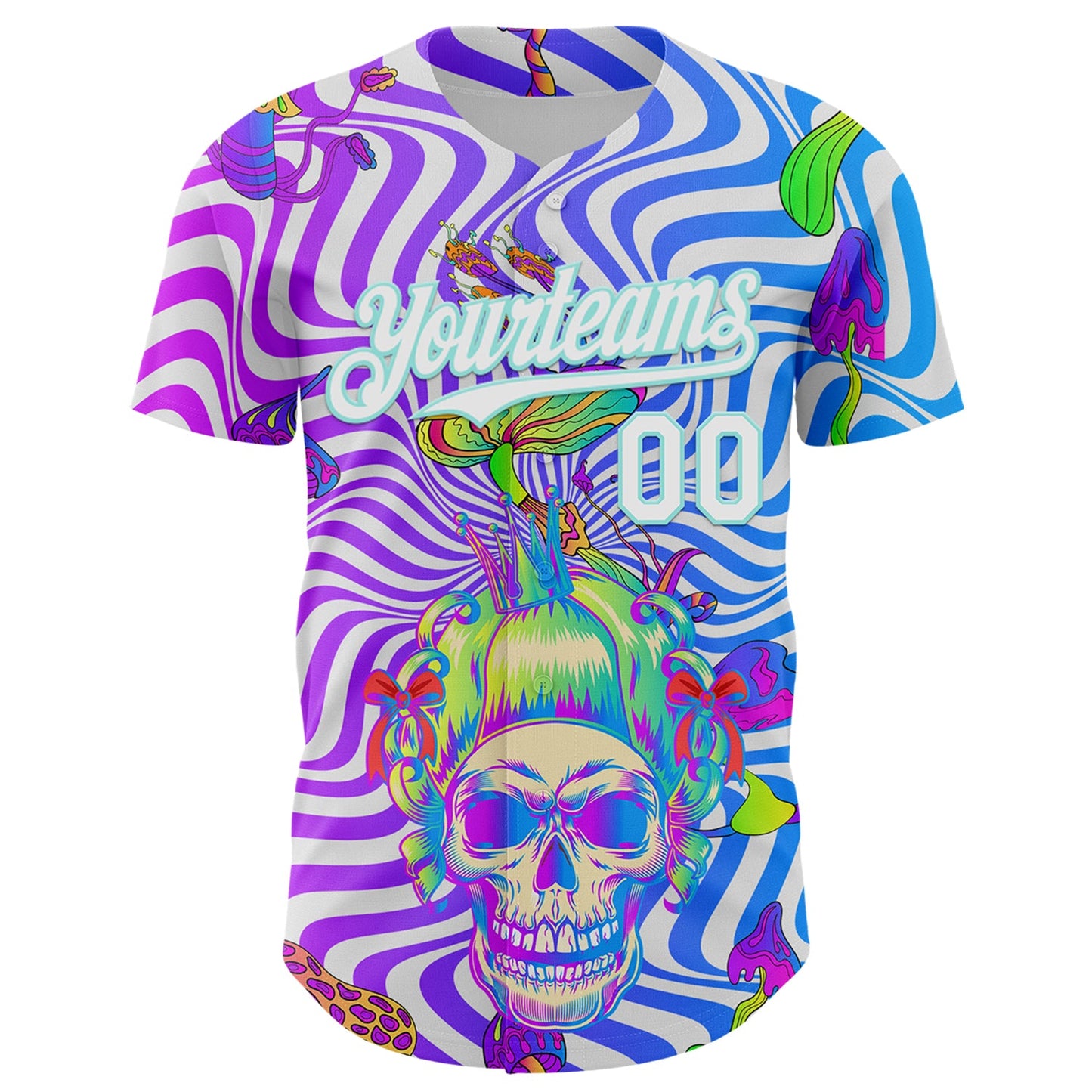 Custom Purple White-Ice Blue 3D Pattern Design Trippy Magic Mushrooms Skull Authentic Baseball Jersey view 2