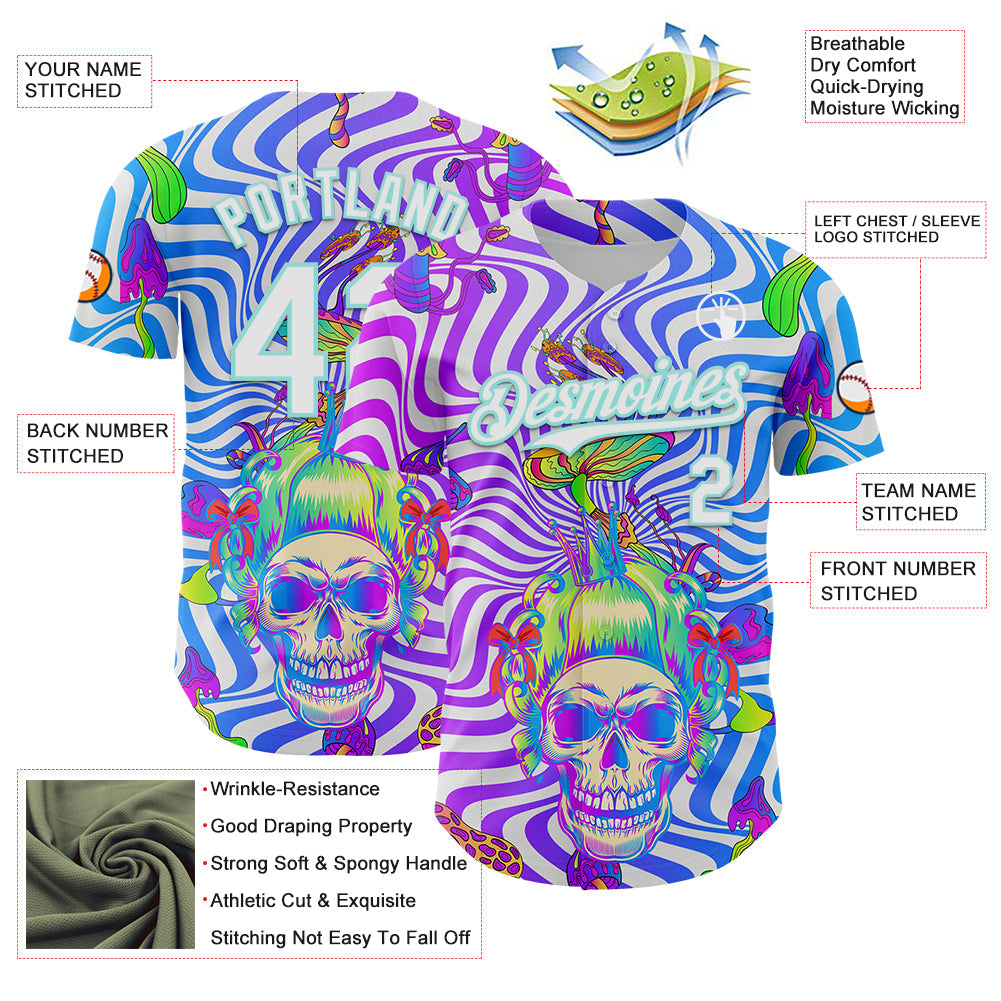 Custom Purple White-Ice Blue 3D Pattern Design Trippy Magic Mushrooms Skull Authentic Baseball Jersey view 3