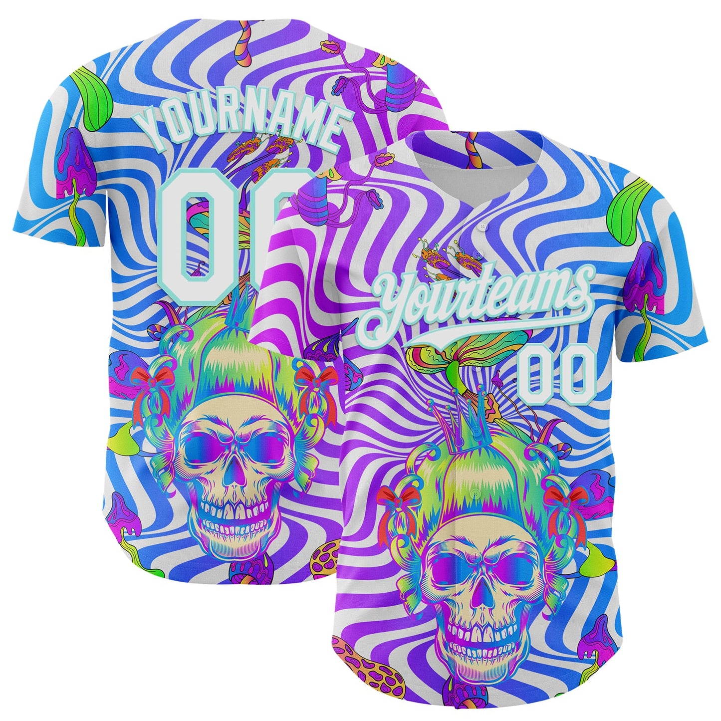 Custom Purple White-Ice Blue 3D Pattern Design Trippy Magic Mushrooms Skull Authentic Baseball Jersey - Main View