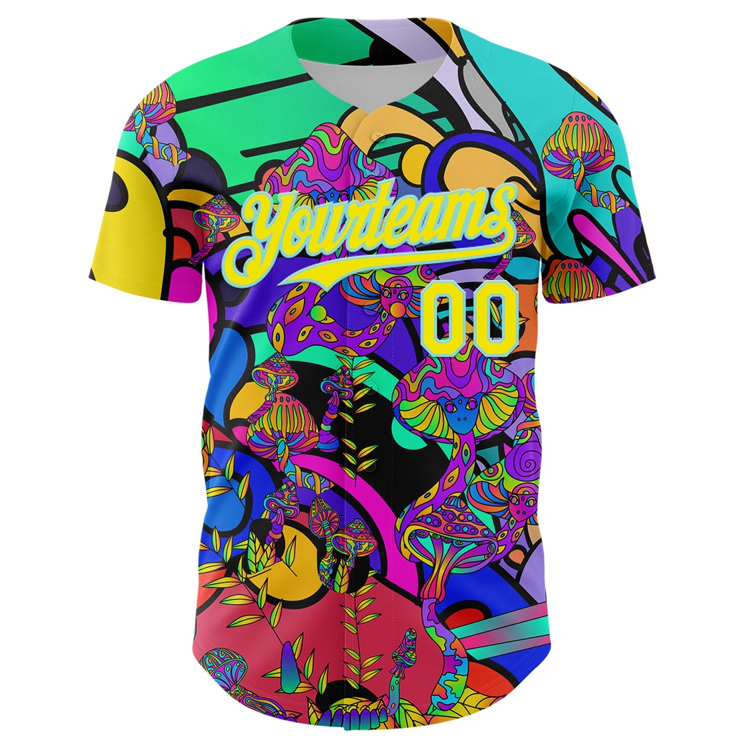 Custom Green Light Yellow-Ice Blue 3D Pattern Design Trippy Magic Mushrooms Hippie Authentic Baseball Jersey view 2