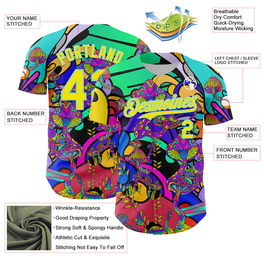 Custom Green Light Yellow-Ice Blue 3D Pattern Design Trippy Magic Mushrooms Hippie Authentic Baseball Jersey view 3