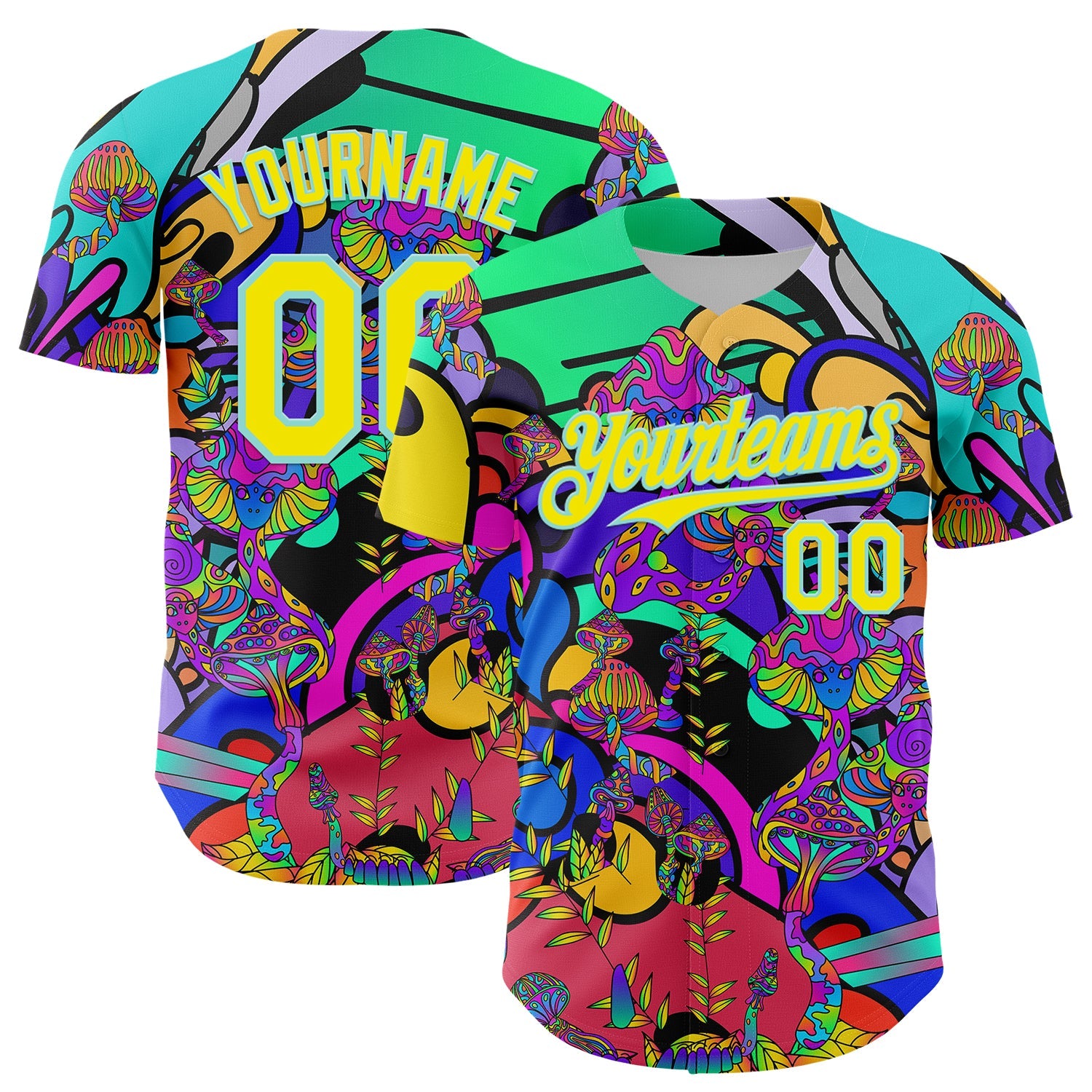 Custom Green Light Yellow-Ice Blue 3D Pattern Design Trippy Magic Mushrooms Hippie Authentic Baseball Jersey - Main View