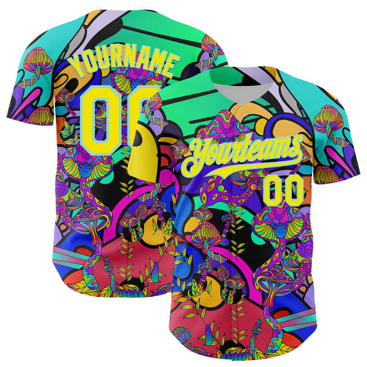 Custom Green Light Yellow-Ice Blue 3D Pattern Design Trippy Magic Mushrooms Hippie Authentic Baseball Jersey - Main View