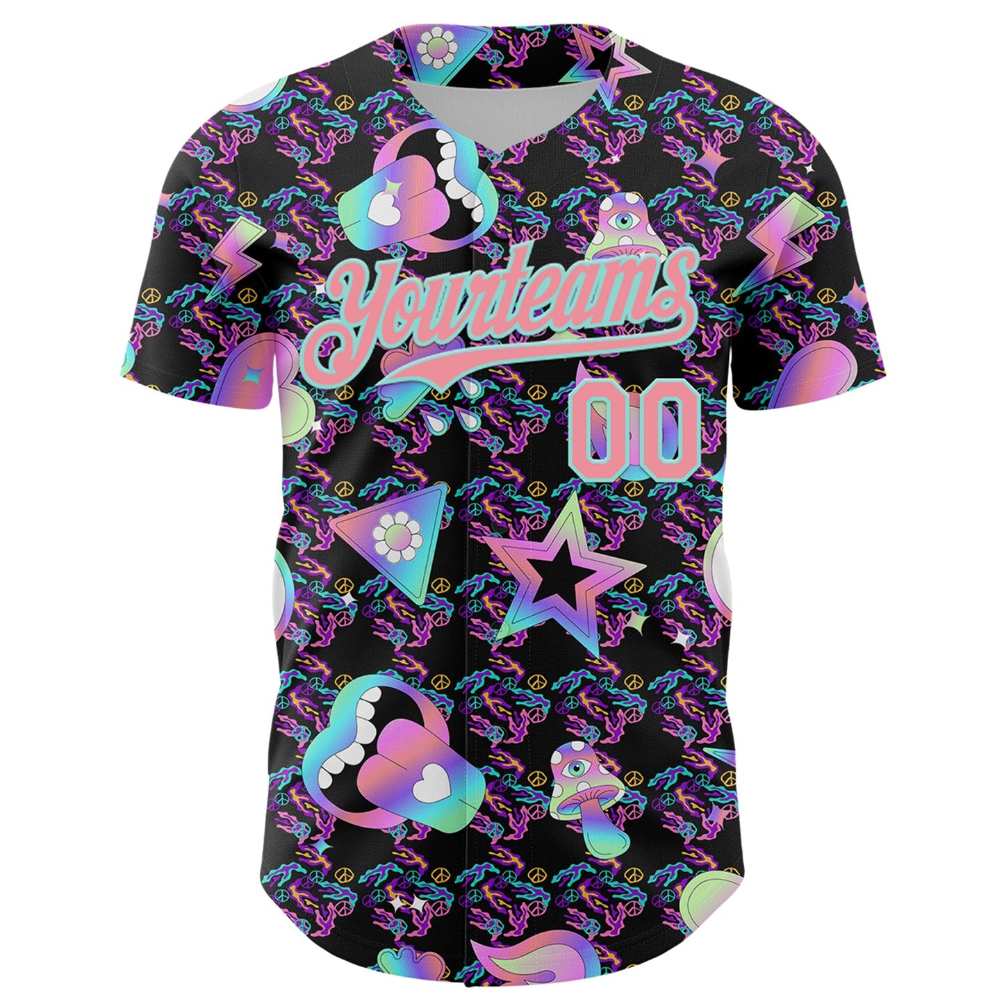 Custom Black Medium Pink-Ice Blue 3D Pattern Design Trippy Magic Mushrooms Peace Sign Authentic Baseball Jersey view 2
