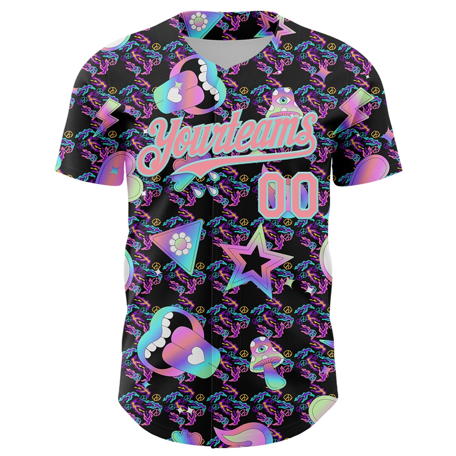Custom Black Medium Pink-Ice Blue 3D Pattern Design Trippy Magic Mushrooms Peace Sign Authentic Baseball Jersey view 2