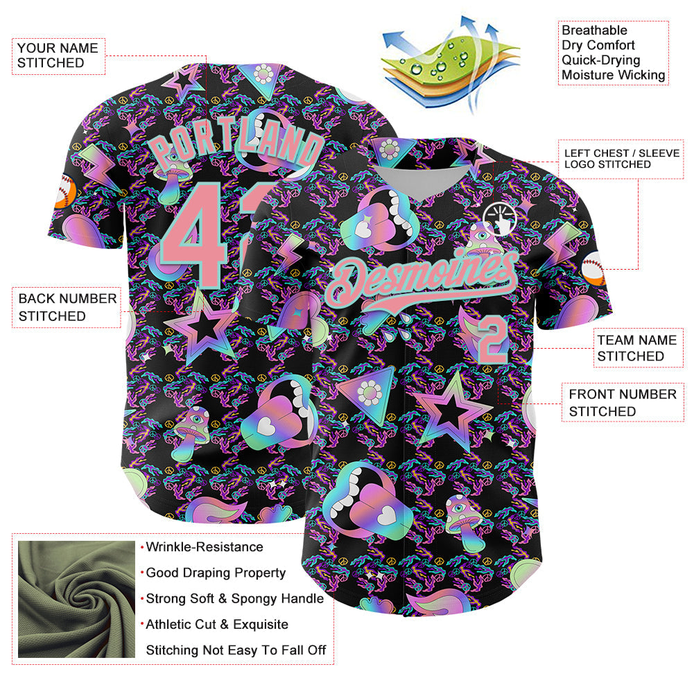 Custom Black Medium Pink-Ice Blue 3D Pattern Design Trippy Magic Mushrooms Peace Sign Authentic Baseball Jersey view 3