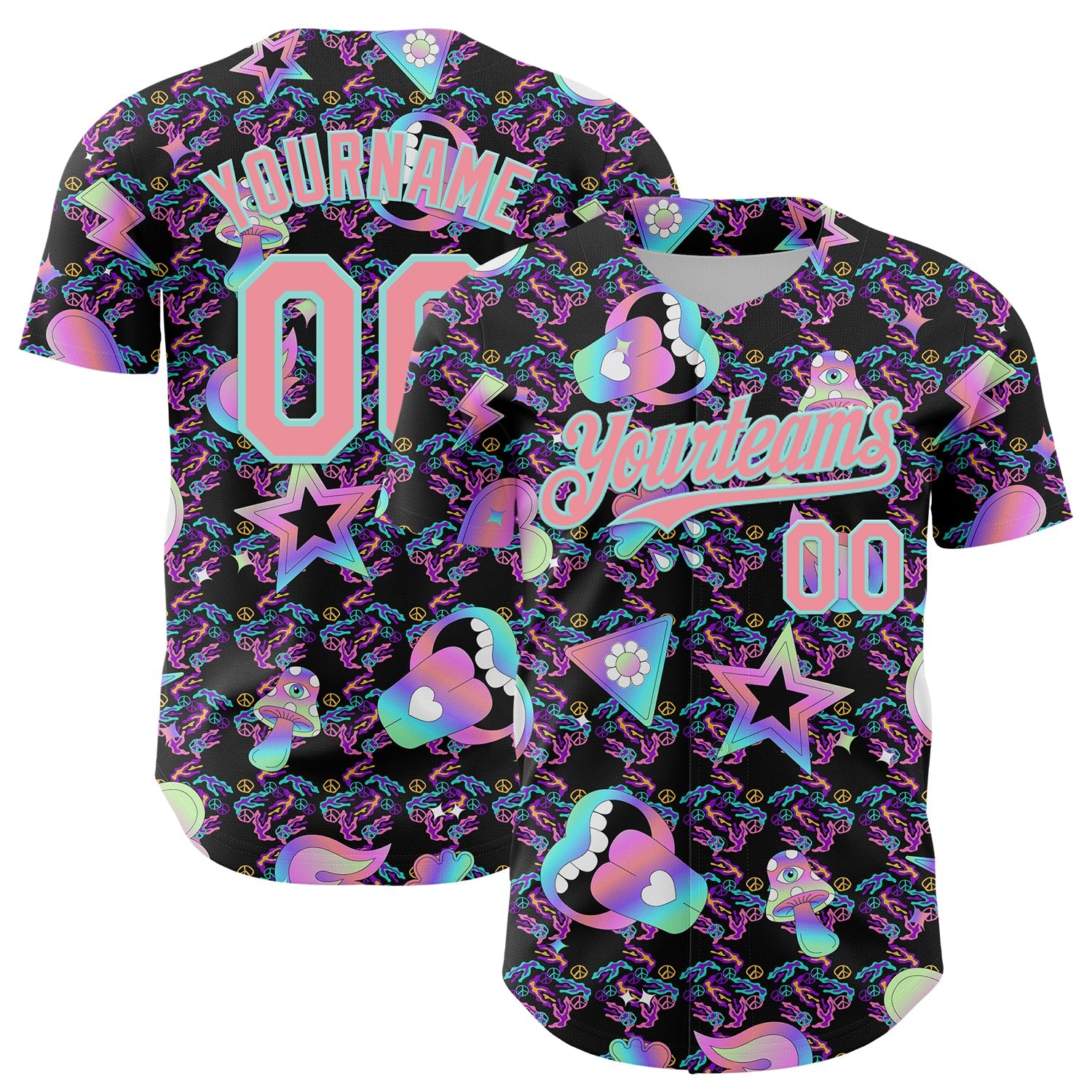 Custom Black Medium Pink-Ice Blue 3D Pattern Design Trippy Magic Mushrooms Peace Sign Authentic Baseball Jersey - Main View