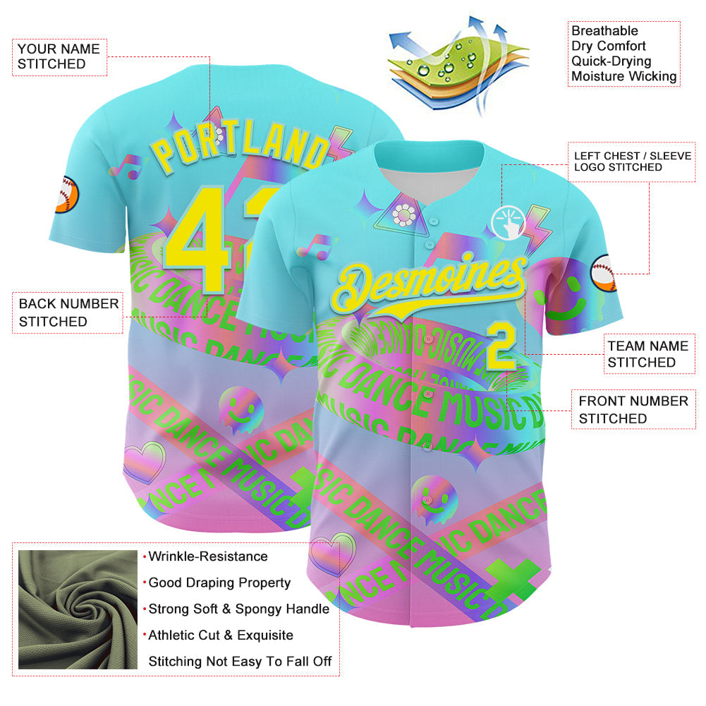 Custom Blue Light Yellow-Ice Blue 3D Pattern Design Trippy Dance Music Acid Authentic Baseball Jersey view 3