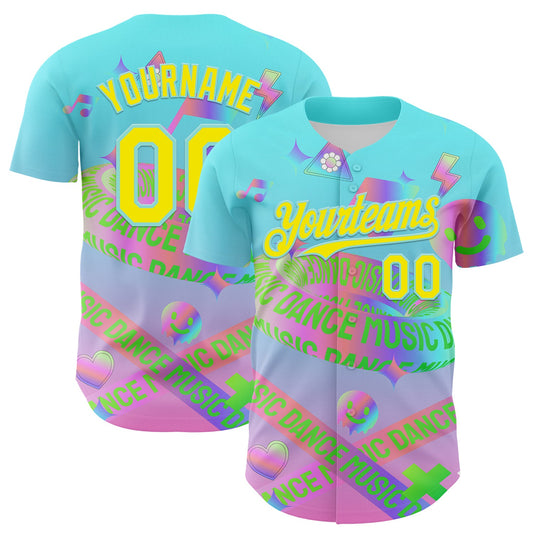 Custom Blue Light Yellow-Ice Blue 3D Pattern Design Trippy Dance Music Acid Authentic Baseball Jersey - Main View