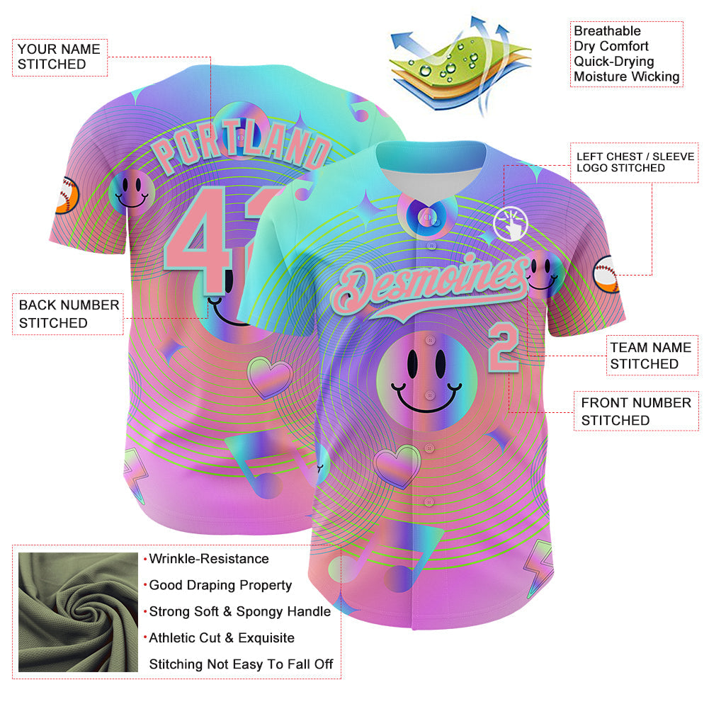 Custom Purple Medium Pink-Ice Blue 3D Pattern Design Trippy Smiley Face Acid Authentic Baseball Jersey view 3