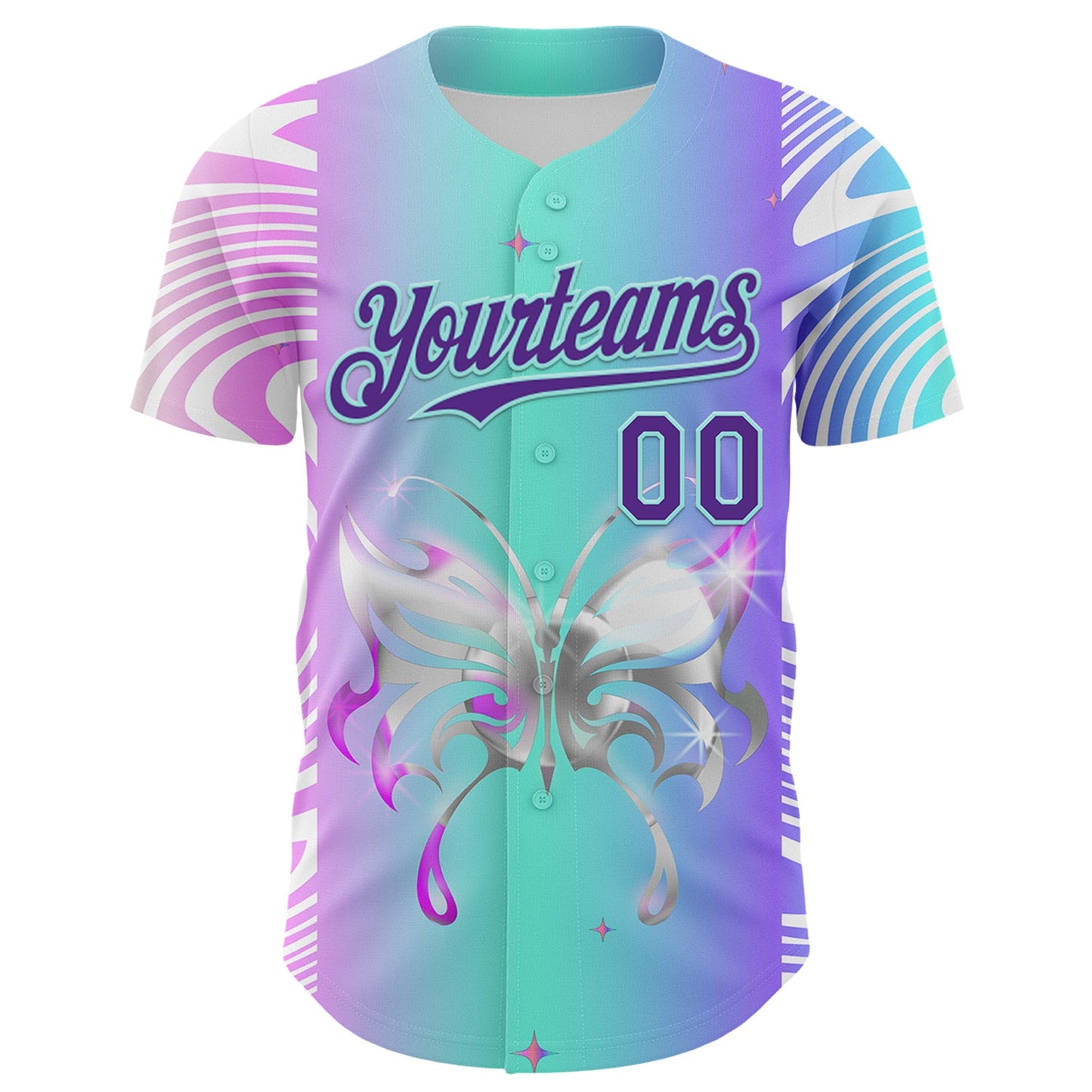 Custom Blue Purple-Ice Blue 3D Pattern Design Trippy Acid Butterfly Authentic Baseball Jersey view 2