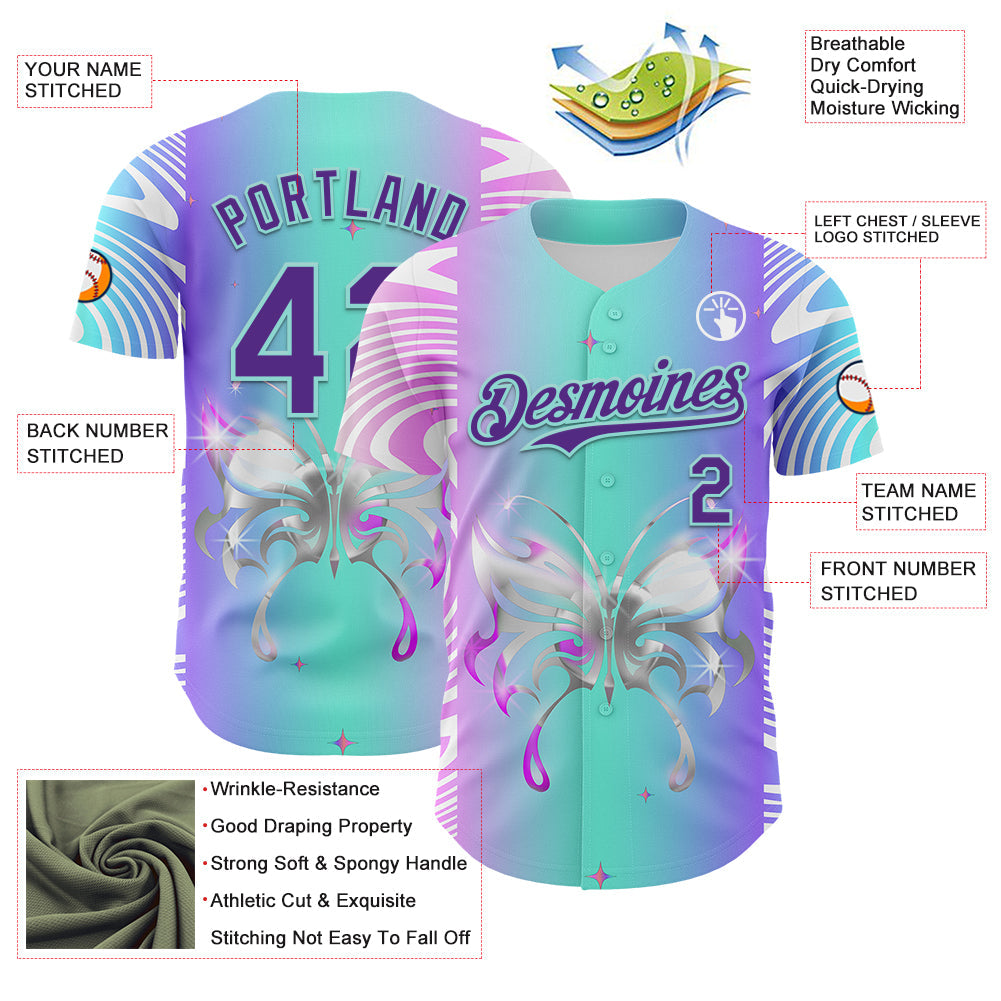 Custom Blue Purple-Ice Blue 3D Pattern Design Trippy Acid Butterfly Authentic Baseball Jersey view 3