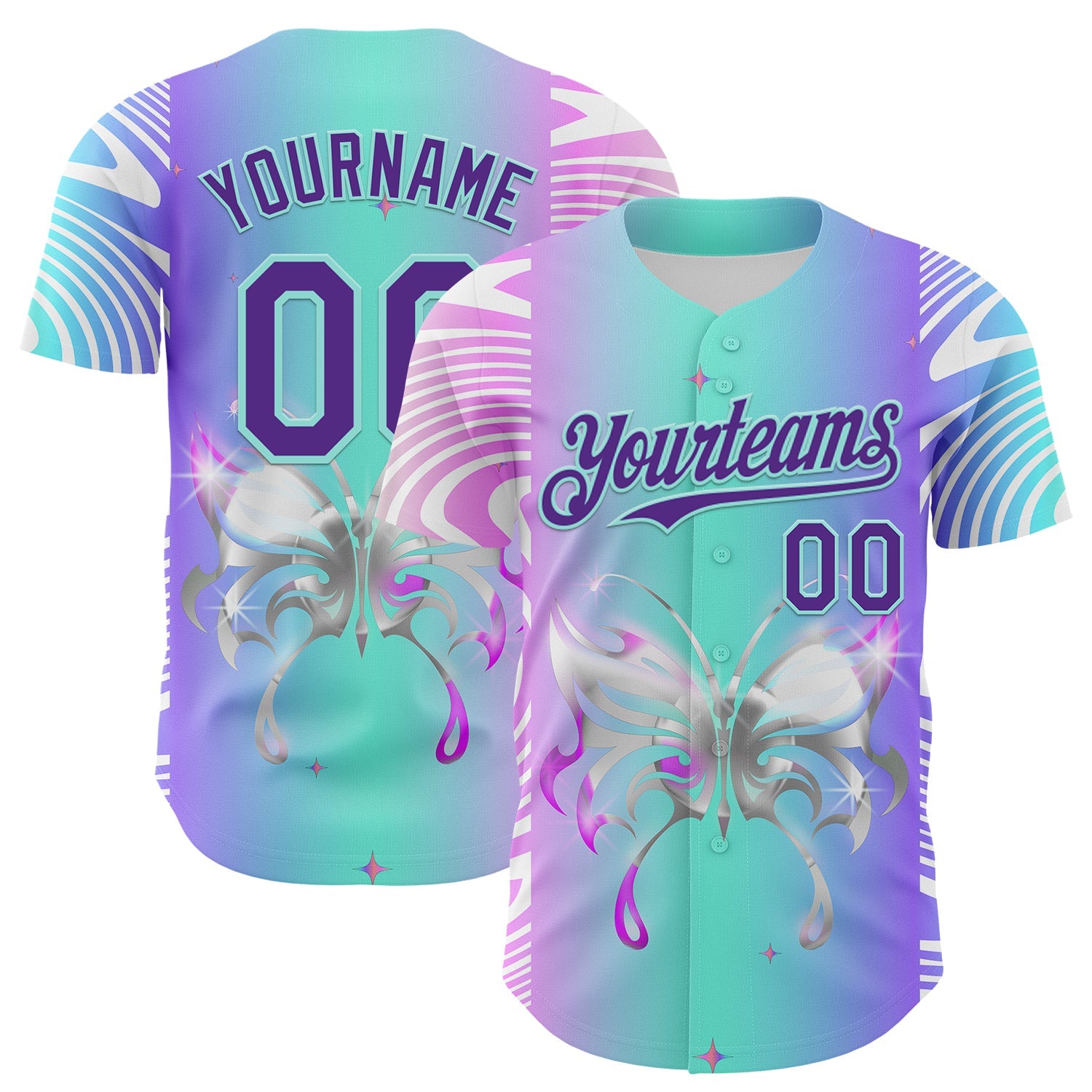 Custom Blue Purple-Ice Blue 3D Pattern Design Trippy Acid Butterfly Authentic Baseball Jersey - Main View