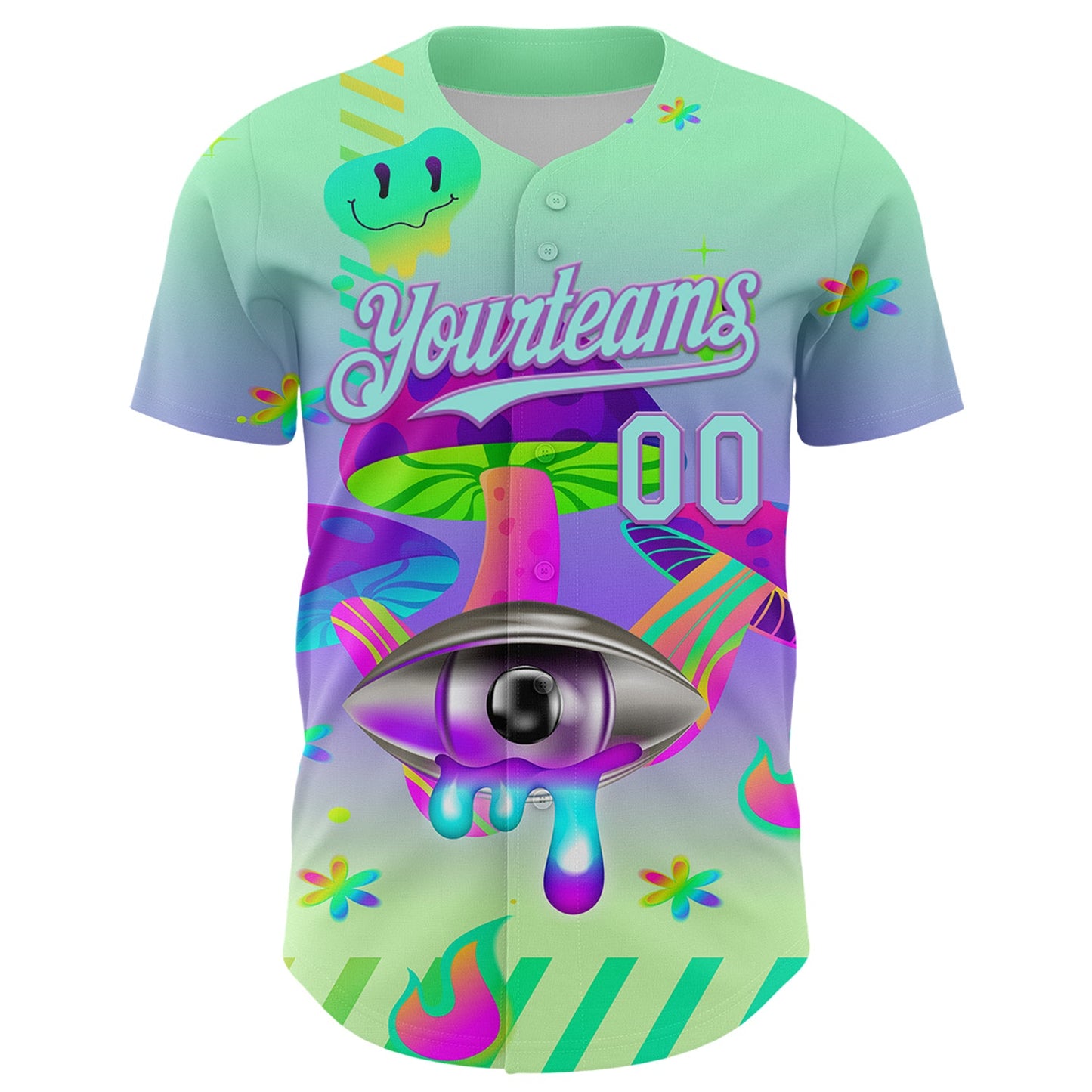 Custom Green Ice Blue-Medium Purple 3D Pattern Design Trippy Magic Mushrooms Acid Authentic Baseball Jersey view 2