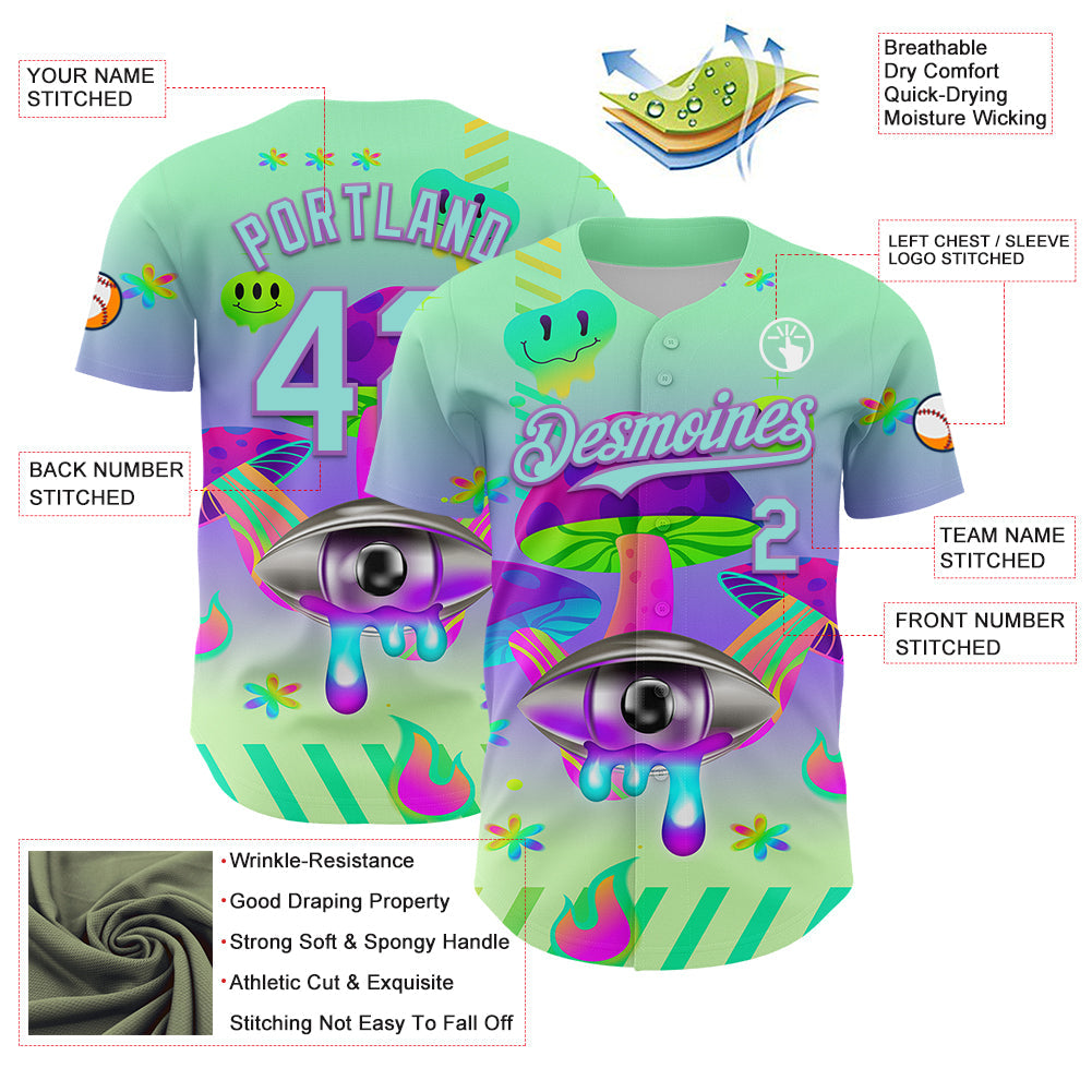 Custom Green Ice Blue-Medium Purple 3D Pattern Design Trippy Magic Mushrooms Acid Authentic Baseball Jersey view 3
