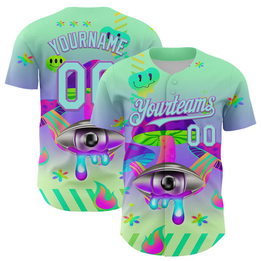 Custom Green Ice Blue-Medium Purple 3D Pattern Design Trippy Magic Mushrooms Acid Authentic Baseball Jersey - Main View