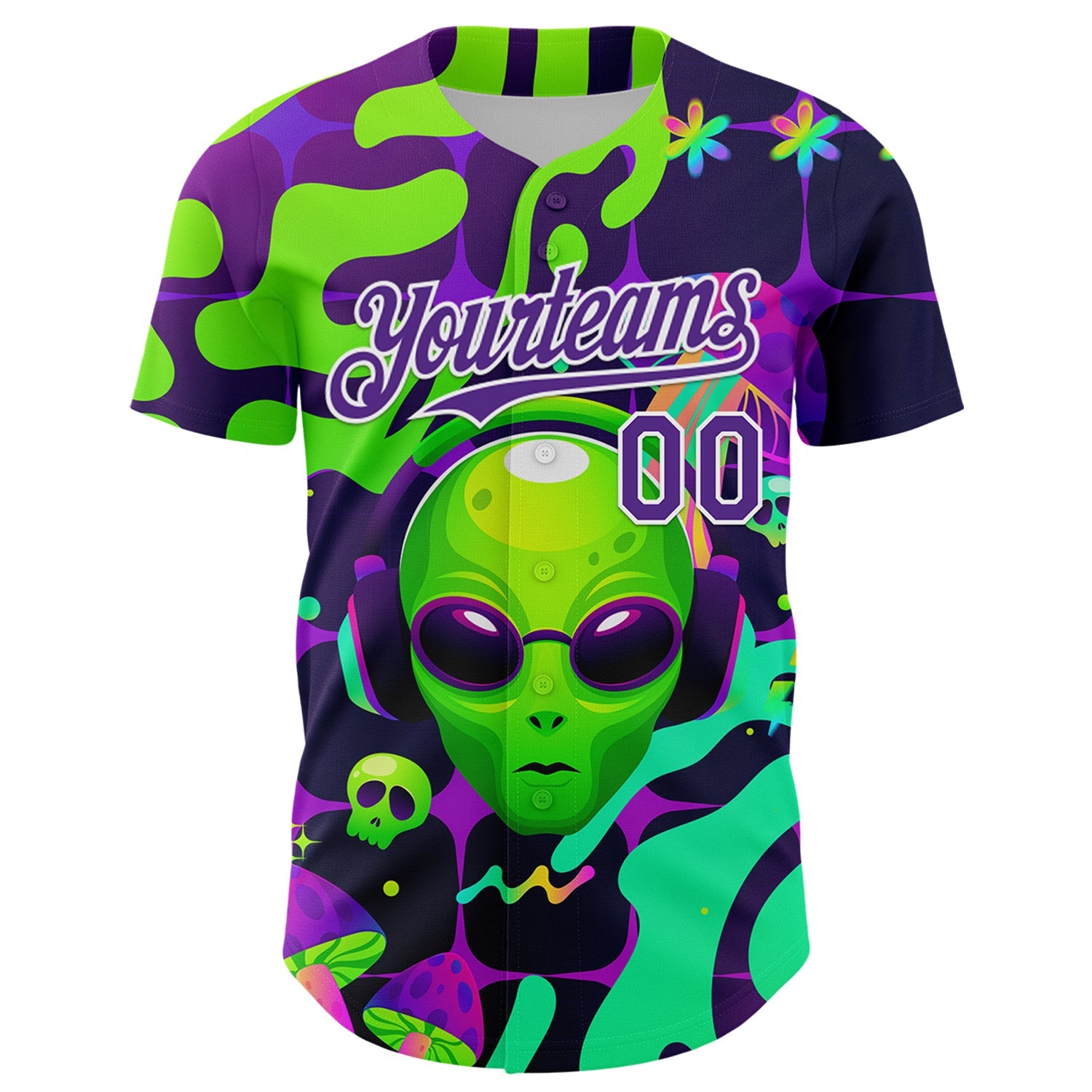 Custom Black Purple-White 3D Pattern Design Trippy Skull Alien Authentic Baseball Jersey view 2