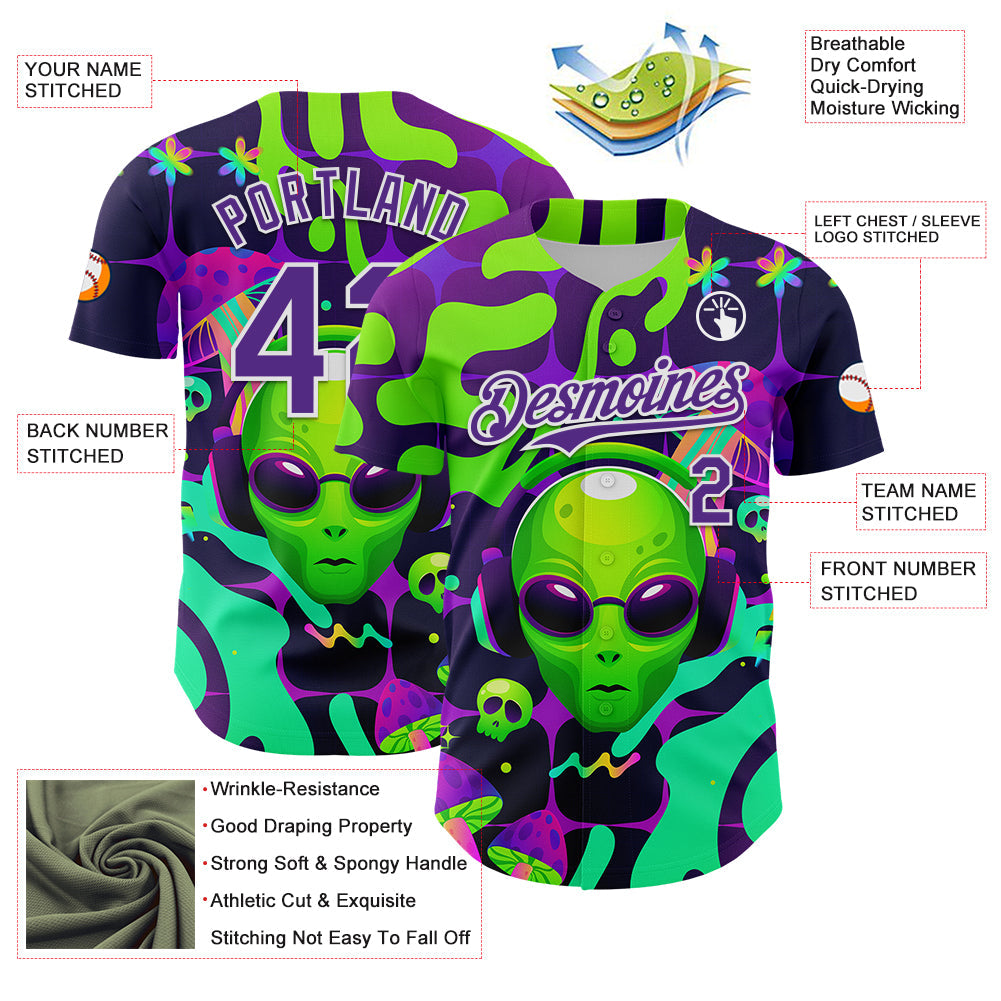 Custom Black Purple-White 3D Pattern Design Trippy Skull Alien Authentic Baseball Jersey view 3