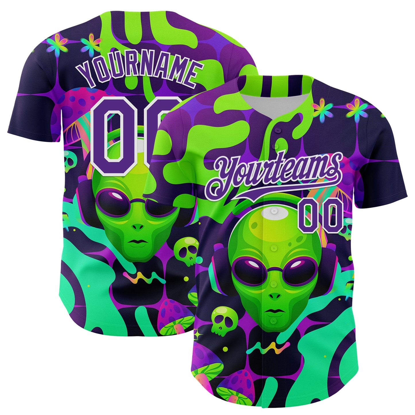 Custom Black Purple-White 3D Pattern Design Trippy Skull Alien Authentic Baseball Jersey - Main View