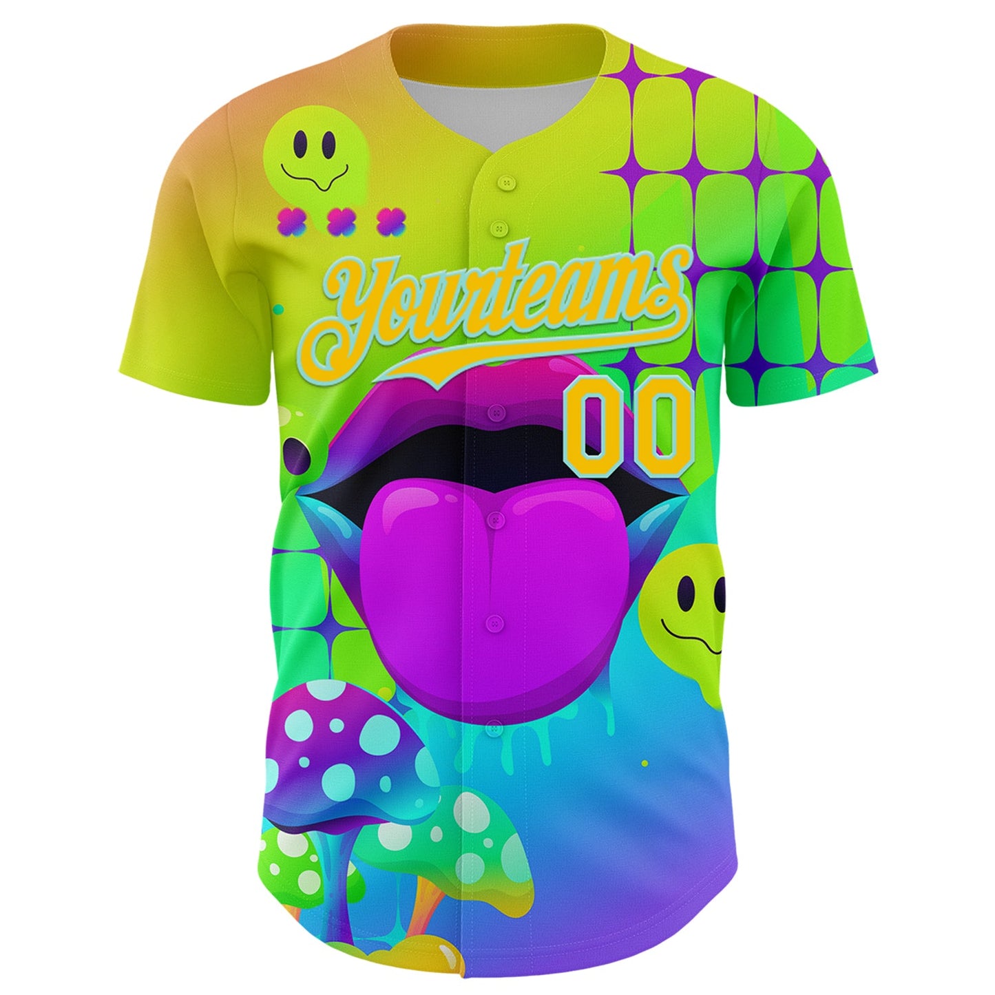 Custom Green Yellow-Ice Blue 3D Pattern Design Trippy Magic Mushrooms Acid Authentic Baseball Jersey view 2