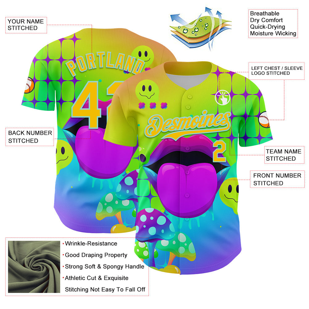 Custom Green Yellow-Ice Blue 3D Pattern Design Trippy Magic Mushrooms Acid Authentic Baseball Jersey view 3