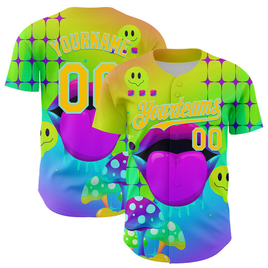 Custom Green Yellow-Ice Blue 3D Pattern Design Trippy Magic Mushrooms Acid Authentic Baseball Jersey - Main View