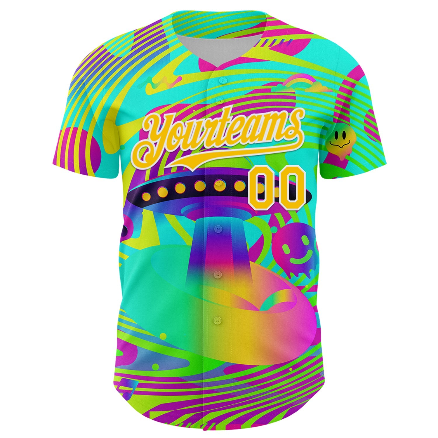 Custom Green Yellow-White 3D Pattern Design Trippy Acid UFO Authentic Baseball Jersey view 2