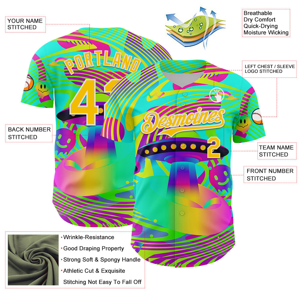 Custom Green Yellow-White 3D Pattern Design Trippy Acid UFO Authentic Baseball Jersey view 3