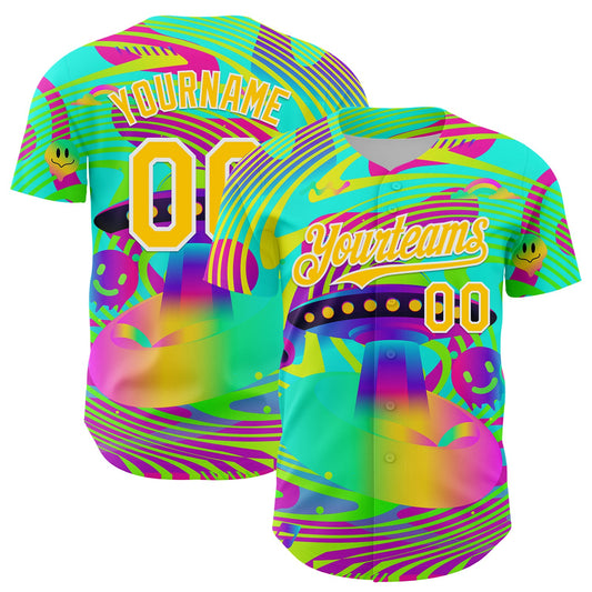 Custom Green Yellow-White 3D Pattern Design Trippy Acid UFO Authentic Baseball Jersey - Main View