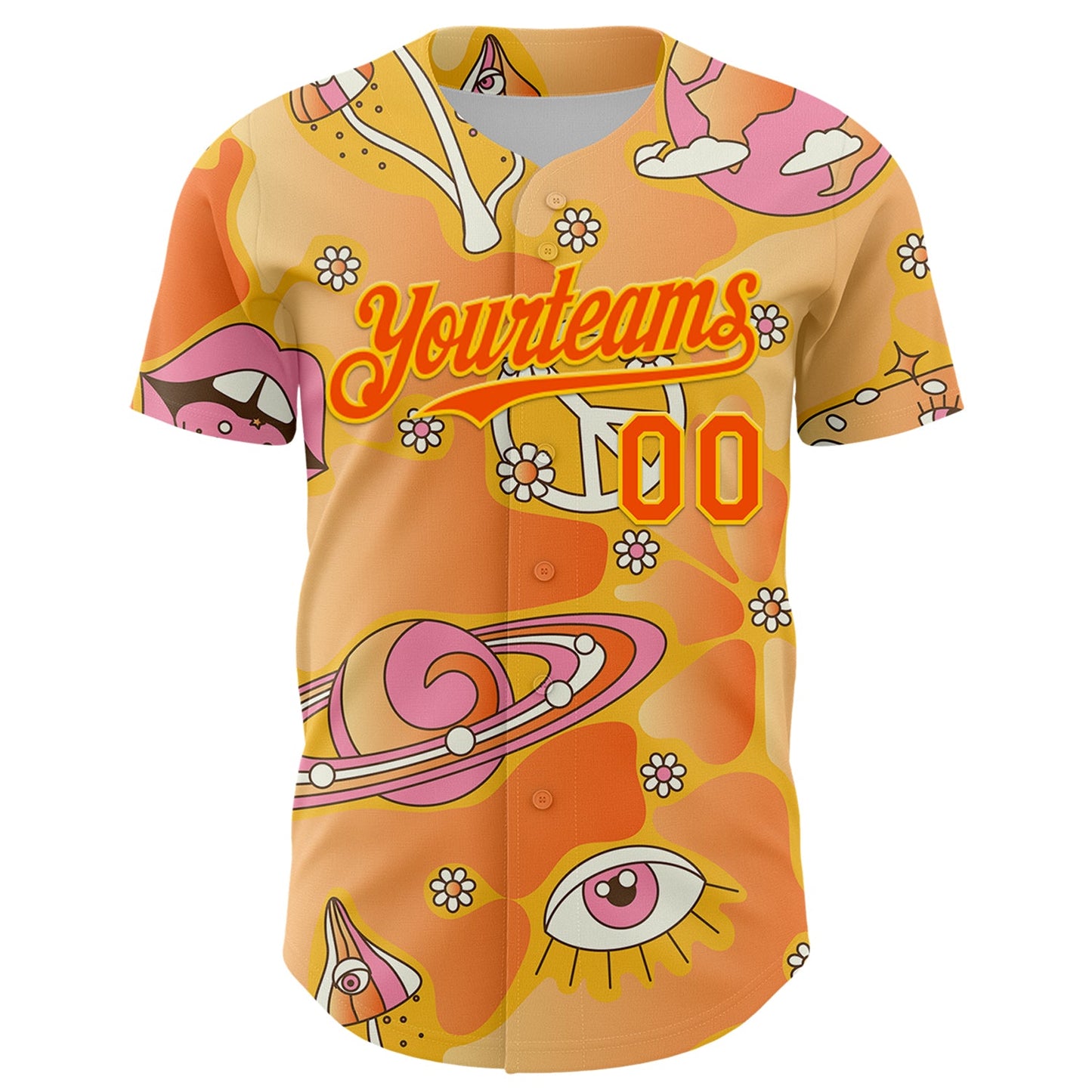 Custom Gold Orange-Yellow 3D Pattern Design Trippy Magic Mushrooms Groove Authentic Baseball Jersey view 2