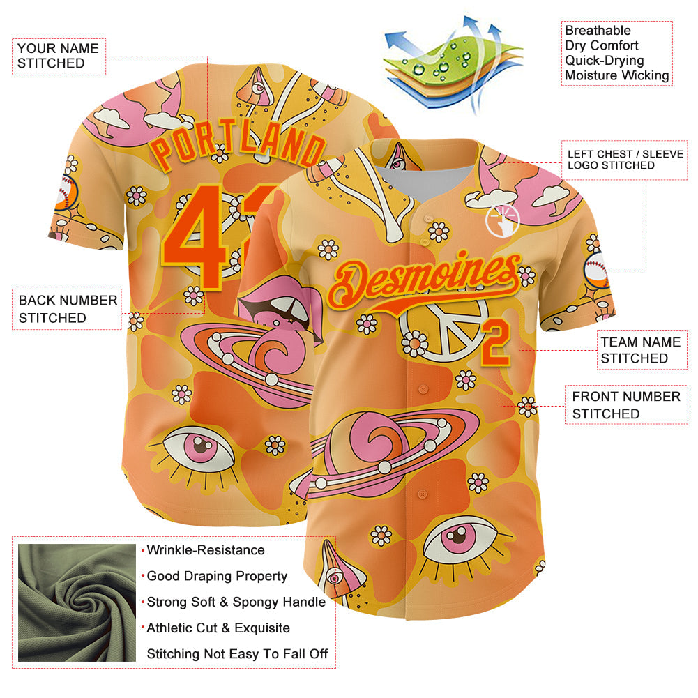 Custom Gold Orange-Yellow 3D Pattern Design Trippy Magic Mushrooms Groove Authentic Baseball Jersey view 3