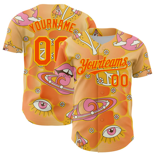 Custom Gold Orange-Yellow 3D Pattern Design Trippy Magic Mushrooms Groove Authentic Baseball Jersey - Main View