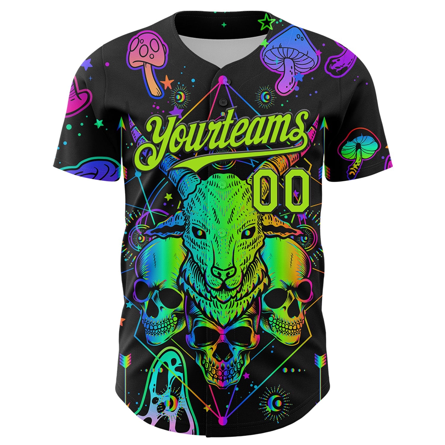 Custom Black Neon Green 3D Pattern Design Trippy Magic Mushrooms Goat Skull Authentic Baseball Jersey view 2