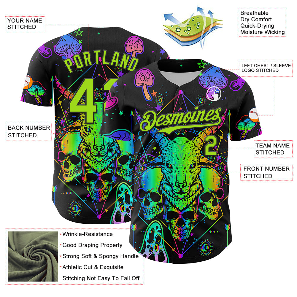Custom Black Neon Green 3D Pattern Design Trippy Magic Mushrooms Goat Skull Authentic Baseball Jersey view 3