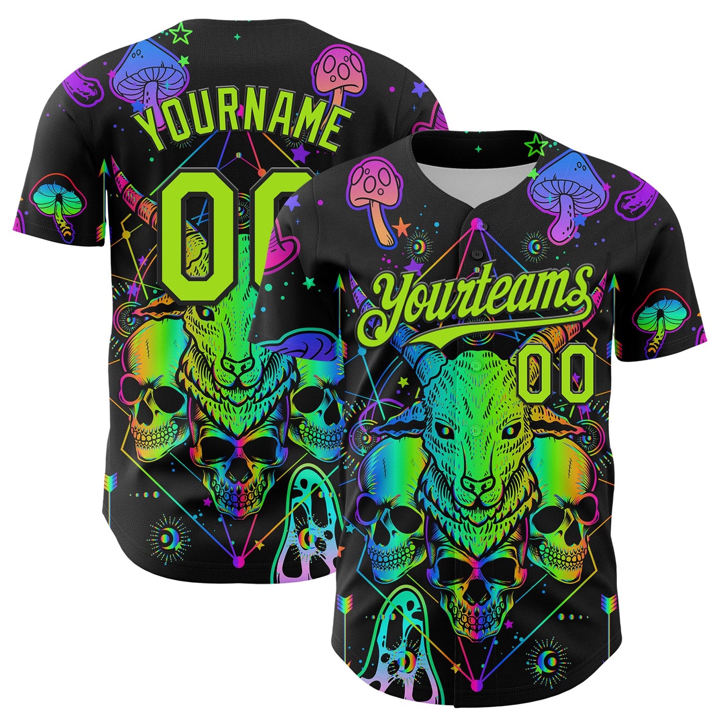 Custom Black Neon Green 3D Pattern Design Trippy Magic Mushrooms Goat Skull Authentic Baseball Jersey - Main View