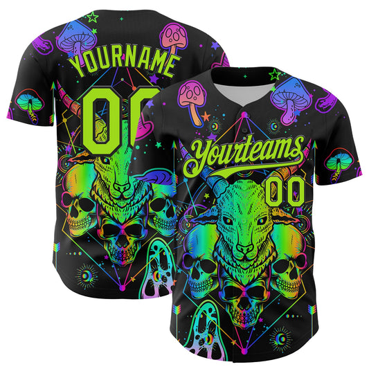 Custom Black Neon Green 3D Pattern Design Trippy Magic Mushrooms Goat Skull Authentic Baseball Jersey - Main View