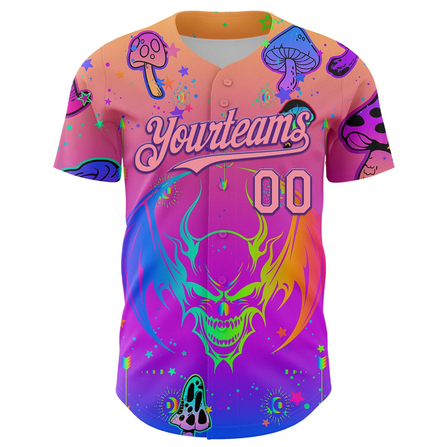 Custom Pink Medium Pink-Purple 3D Pattern Design Trippy Magic Mushrooms Dragon Authentic Baseball Jersey view 2