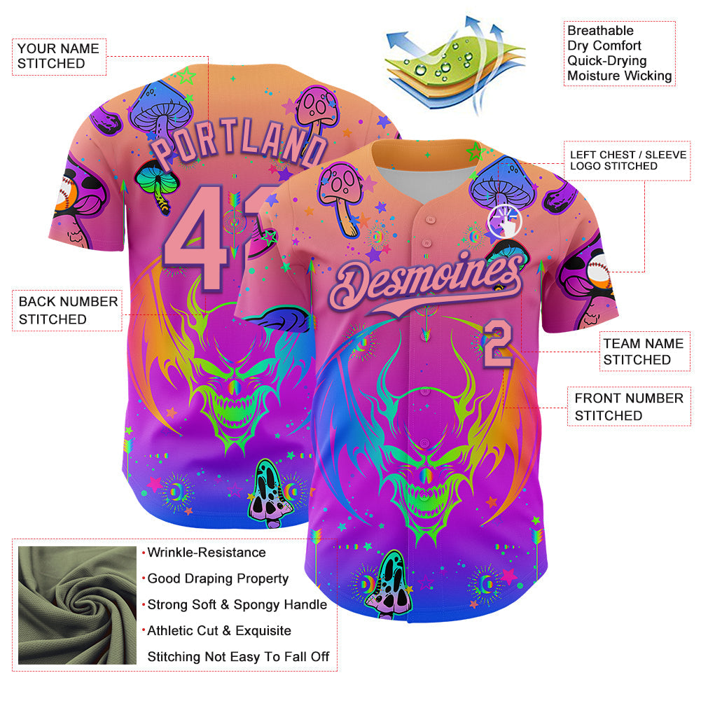 Custom Pink Medium Pink-Purple 3D Pattern Design Trippy Magic Mushrooms Dragon Authentic Baseball Jersey view 3