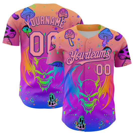 Custom Pink Medium Pink-Purple 3D Pattern Design Trippy Magic Mushrooms Dragon Authentic Baseball Jersey - Main View