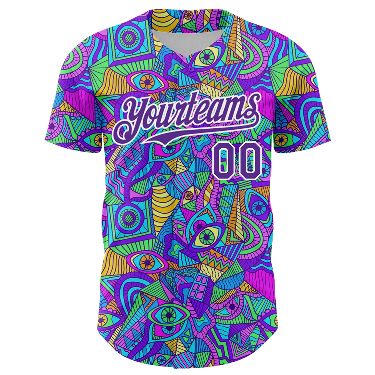 Custom Purple White 3D Pattern Design Trippy Psychedelic Eyes Authentic Baseball Jersey view 2