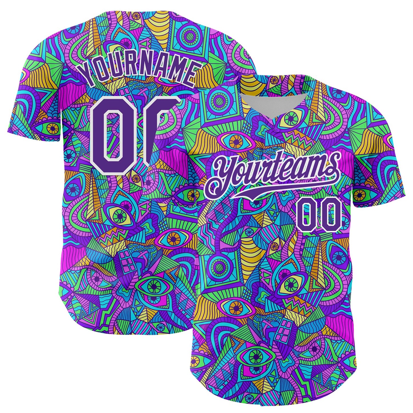 Custom Purple White 3D Pattern Design Trippy Psychedelic Eyes Authentic Baseball Jersey - Main View