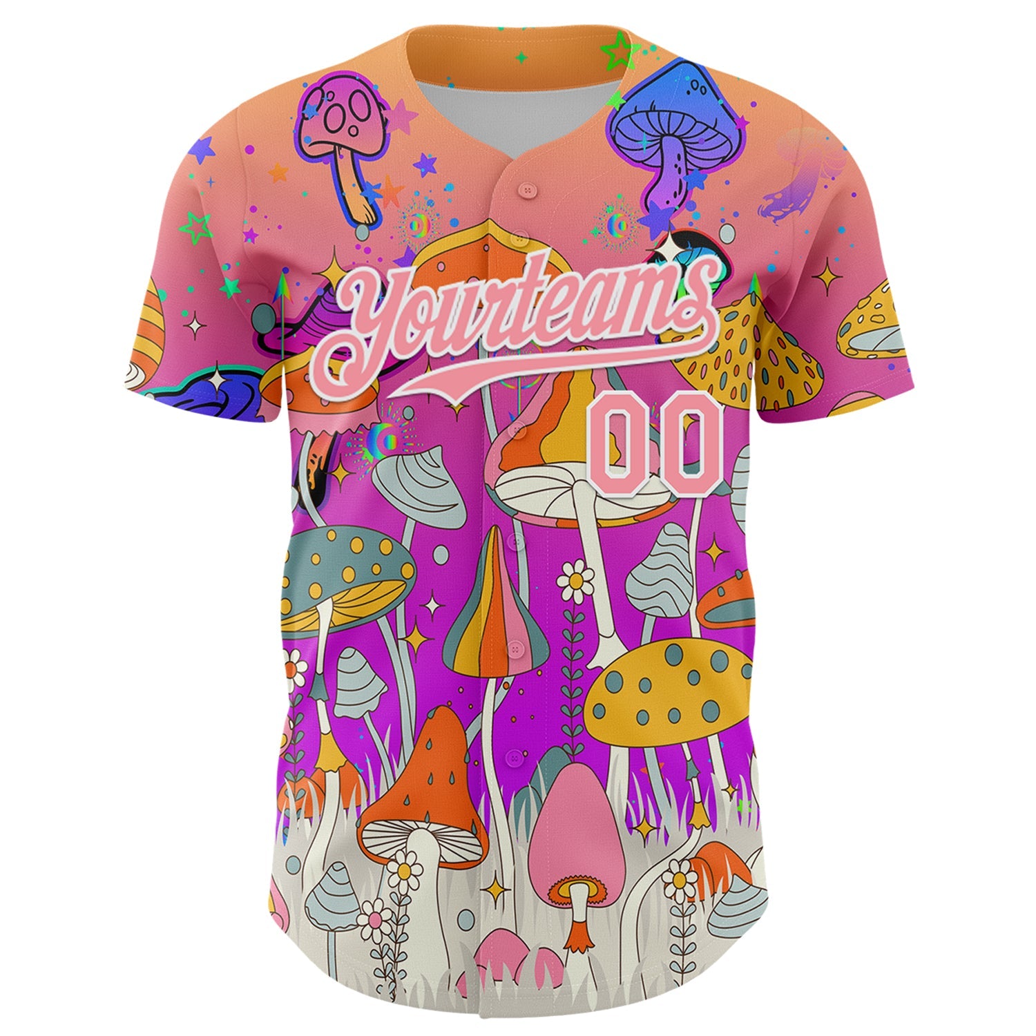 Custom Pink Medium Pink Purple-White 3D Pattern Design Trippy Magic Mushrooms Hippie Authentic Baseball Jersey view 2