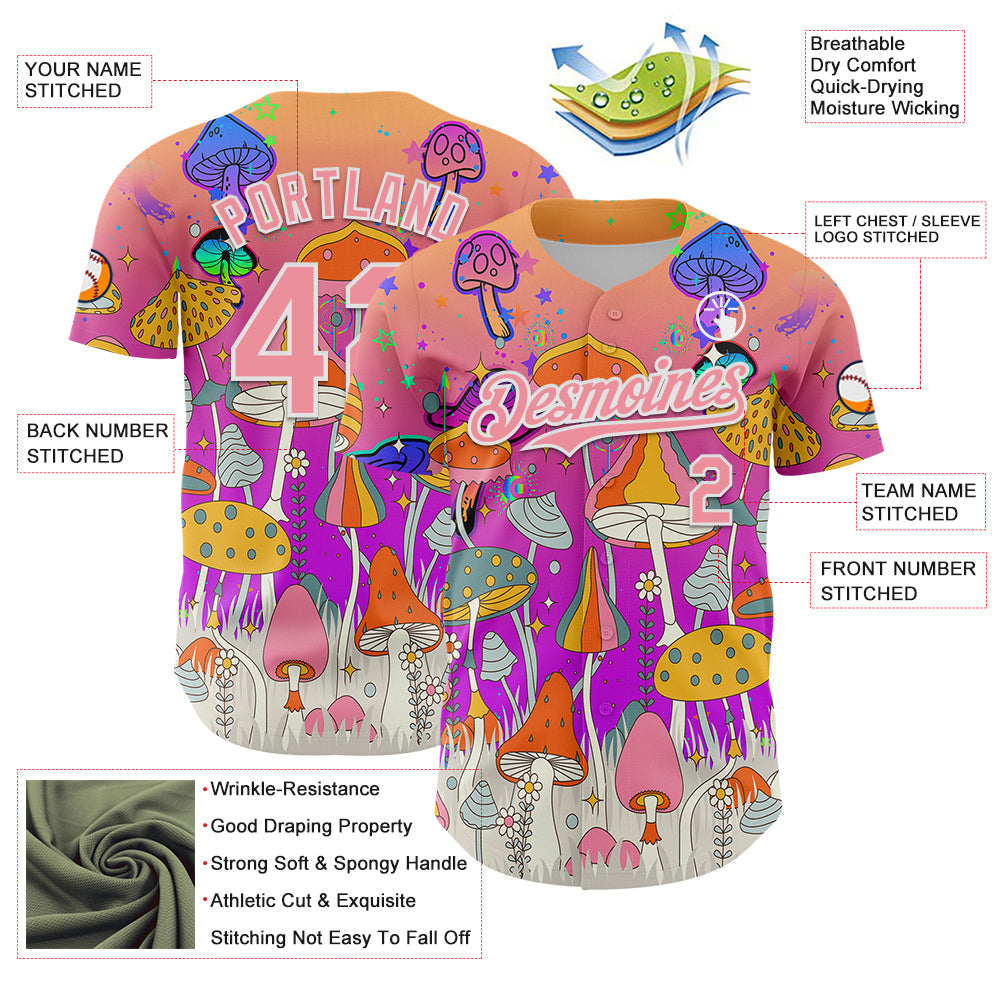 Custom Pink Medium Pink Purple-White 3D Pattern Design Trippy Magic Mushrooms Hippie Authentic Baseball Jersey view 3