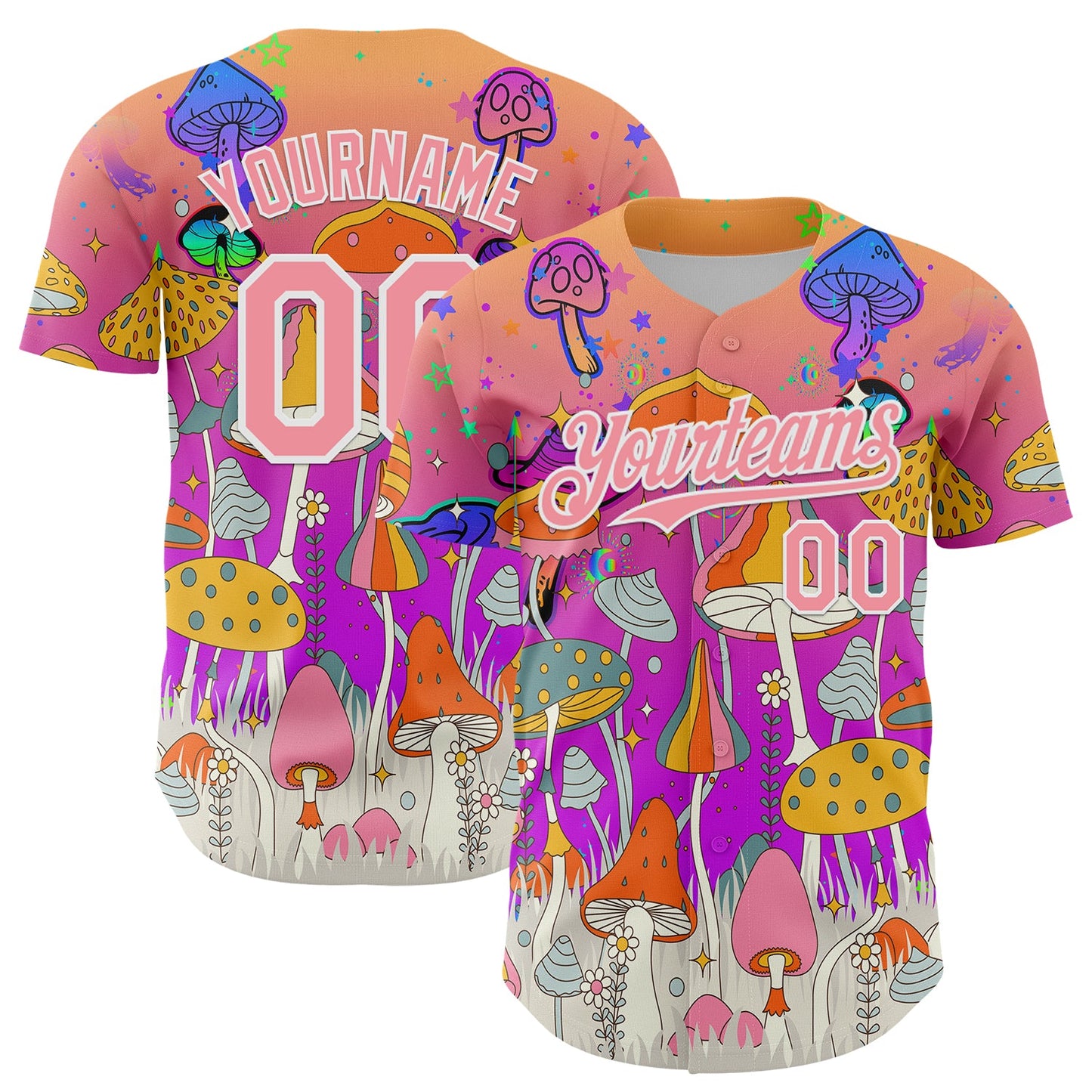 Custom Pink Medium Pink Purple-White 3D Pattern Design Trippy Magic Mushrooms Hippie Authentic Baseball Jersey - Main View