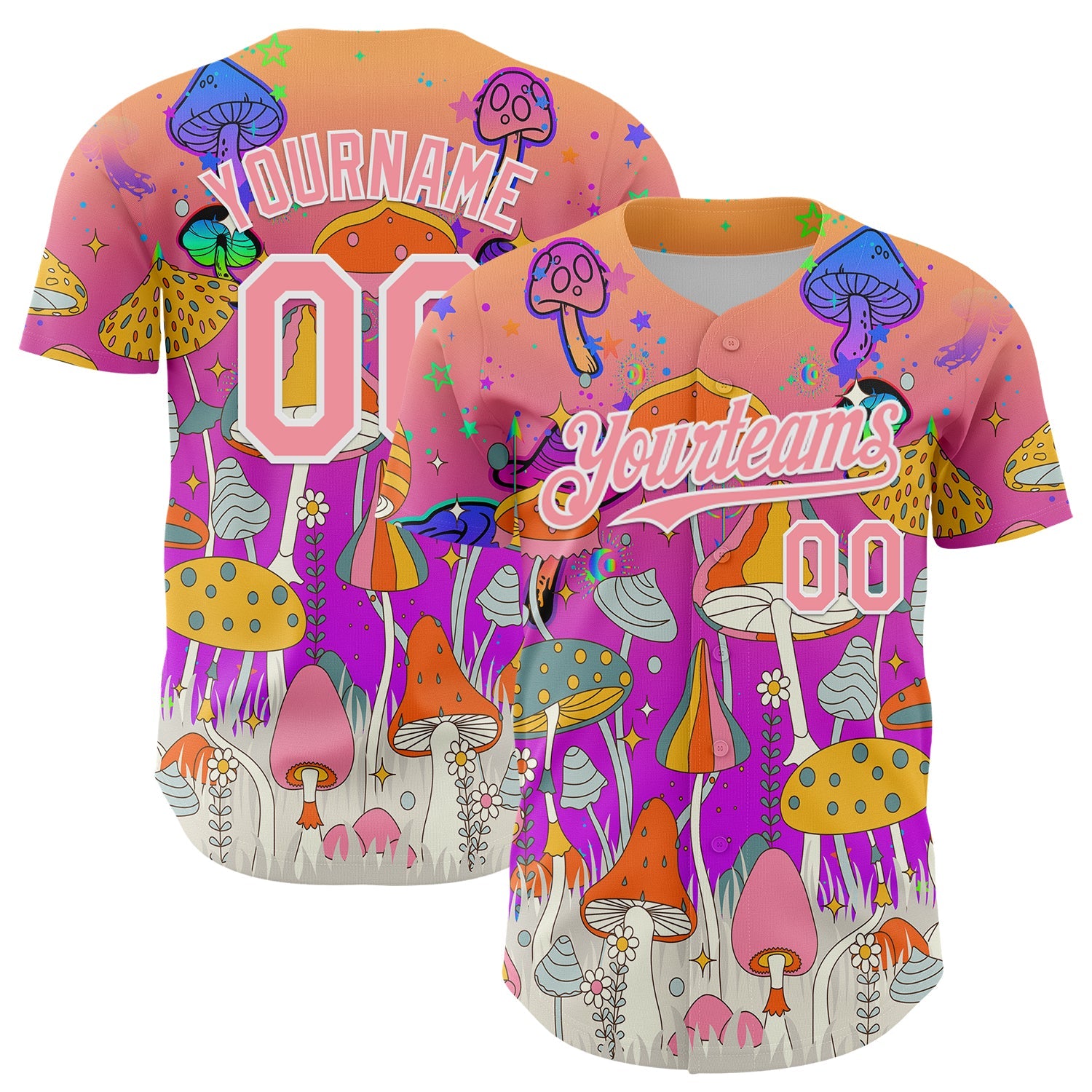 Custom Pink Medium Pink Purple-White 3D Pattern Design Trippy Magic Mushrooms Hippie Authentic Baseball Jersey - Main View