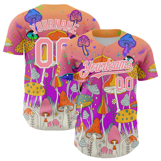 Custom Pink Medium Pink Purple-White 3D Pattern Design Trippy Magic Mushrooms Hippie Authentic Baseball Jersey - Main View